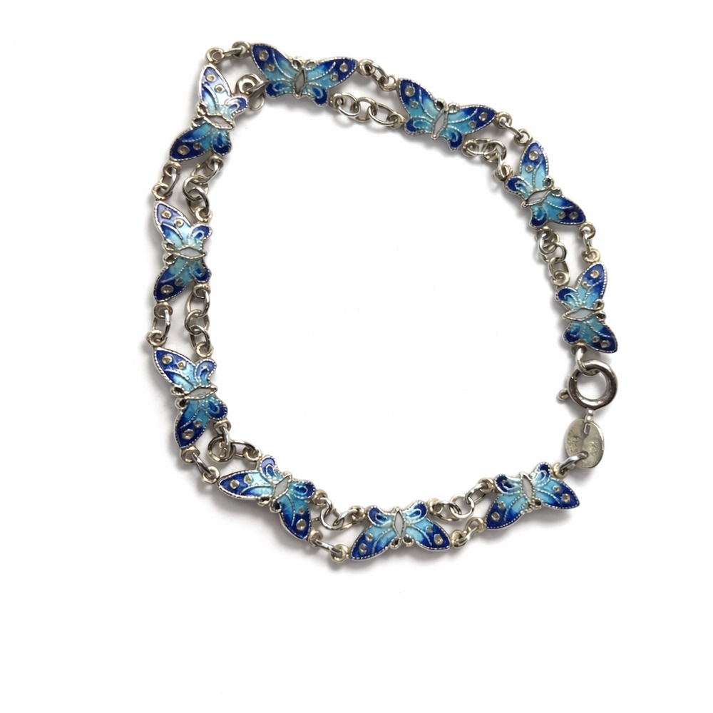 Vintage Sterling Silver Blue Enamel Butterfly Delicate Bracelet